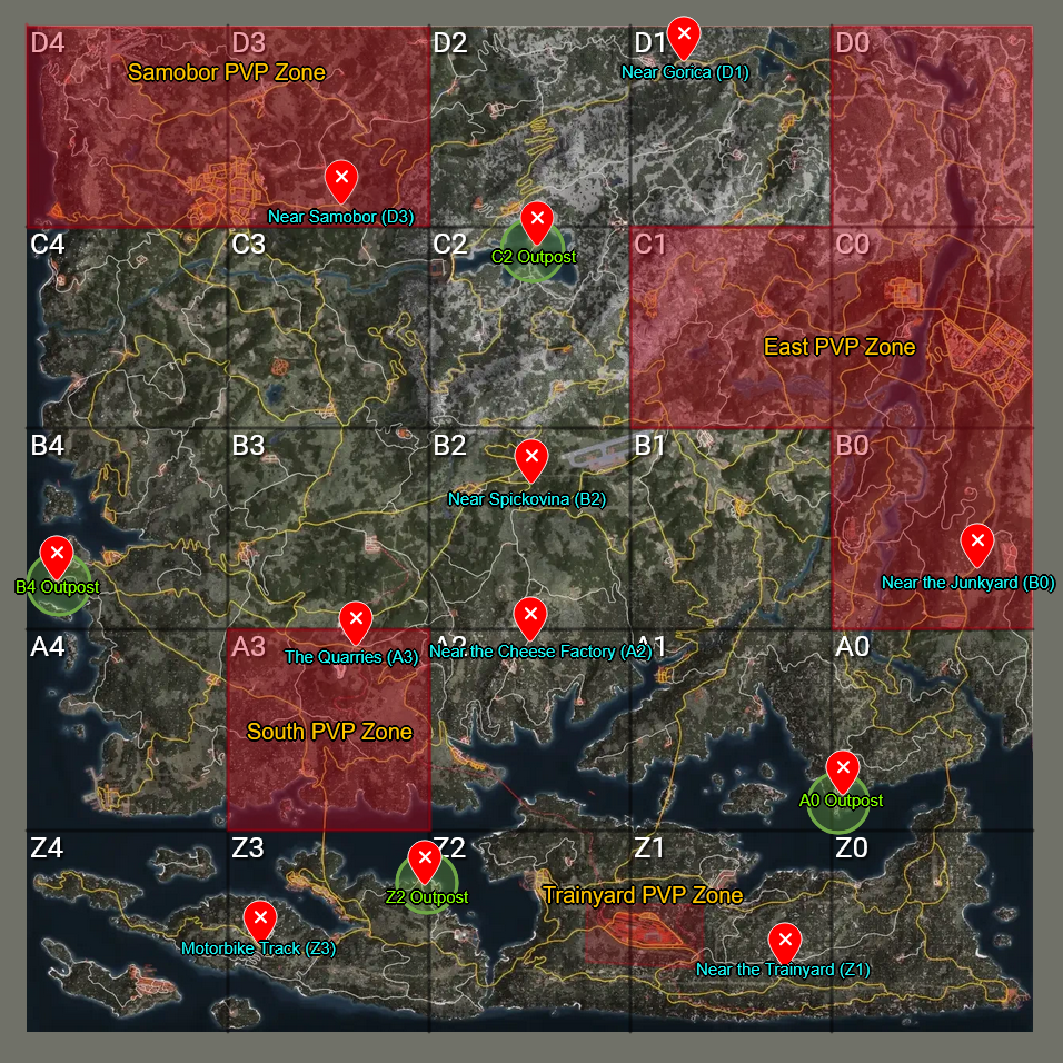 Rusted Wilds Map with Fast Travel Points and PvP Zones